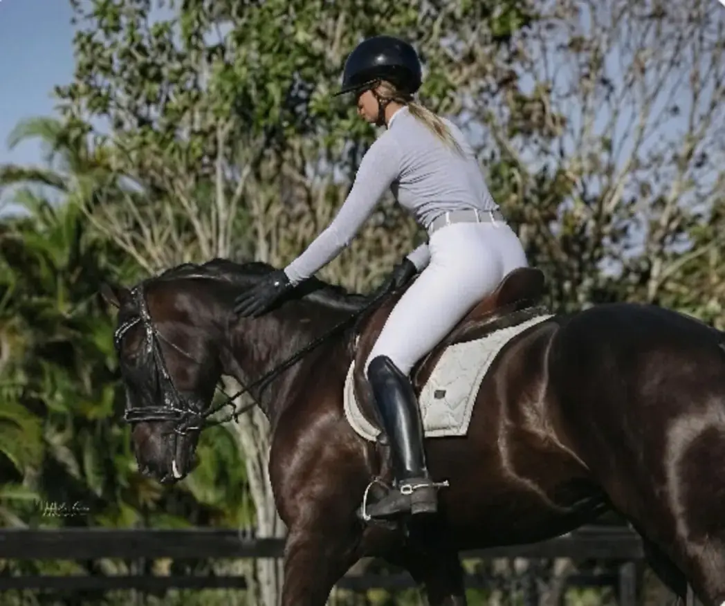 A rider schooling a dark dressage horse on the property